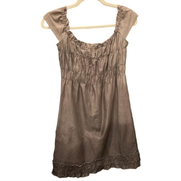 Theory Mini Dress Scoop Neck Tan Light Brown Ombre Smocked Top Designer XS - Picture 6 of 9
